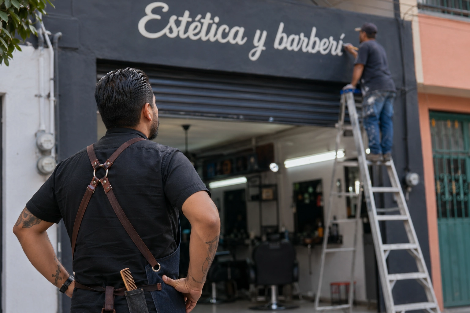 Barbero viendo rotulista pintando su negocio